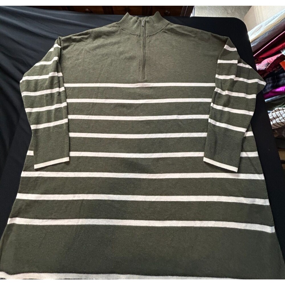 Ava Viv Half Zip Sweater 2X Green White Striped Ribbed Pullover Split Hem EUC